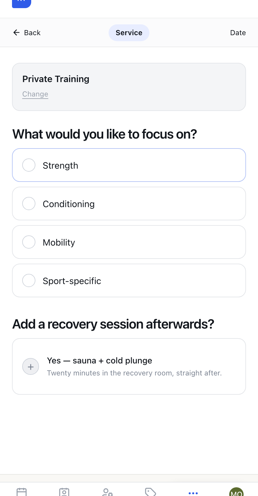 Online booking on a phone: the studio's own questions — training focus, and an optional recovery add-on that extends the visit.